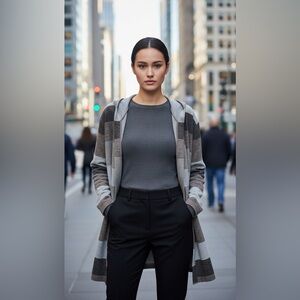 women's multi-stripe soft knit open cardigan hooded in a grey/black colorway